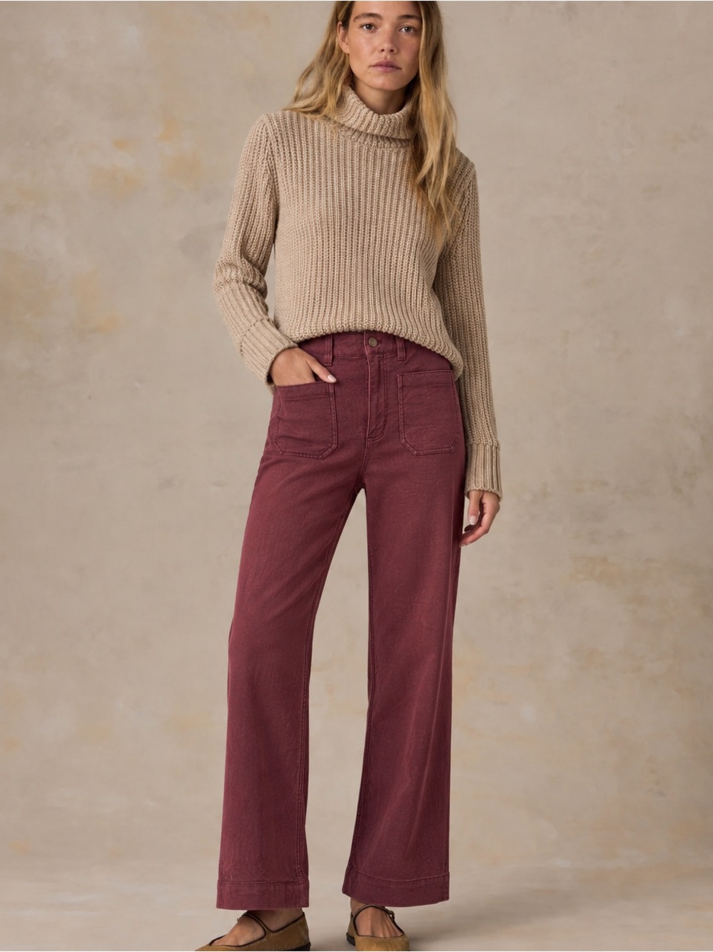 Faherty Stretch Terry Knit Denim Patch Pocket Wide Leg Pant Catawba Grape Sz 30